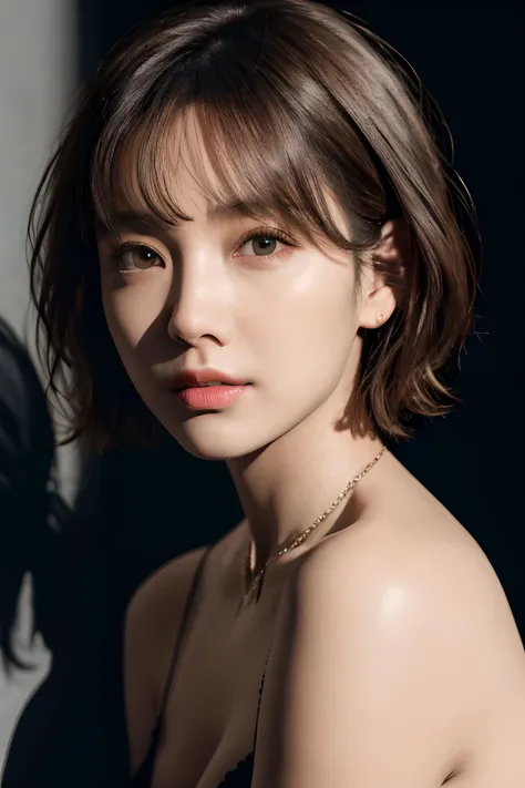 fashion photography portrait of 1girl, offshoulder, fluffy short hair, soft light, rim light, beautiful shadow, low key, (photorealistic, raw photo:1.2), (natural skin texture, realistic eye and face details), hyperrealism, ultra high res, 4K, Best quality, masterpiece, necklace, (cleavage:0.8), in the dark