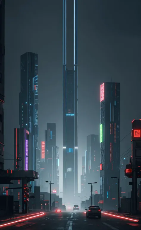 Dystopian futuristic cityscape, towering megastructures, neon-lit streets, hovering vehicles, misty atmosphere, vast urban expanse, cyberpunk aesthetic, 9:16 vertical composition, award-winning concept art, highly detailed, captivating lighting, vivid colors, Fujifilm XT3, no humans, evoking a sense of isolation.