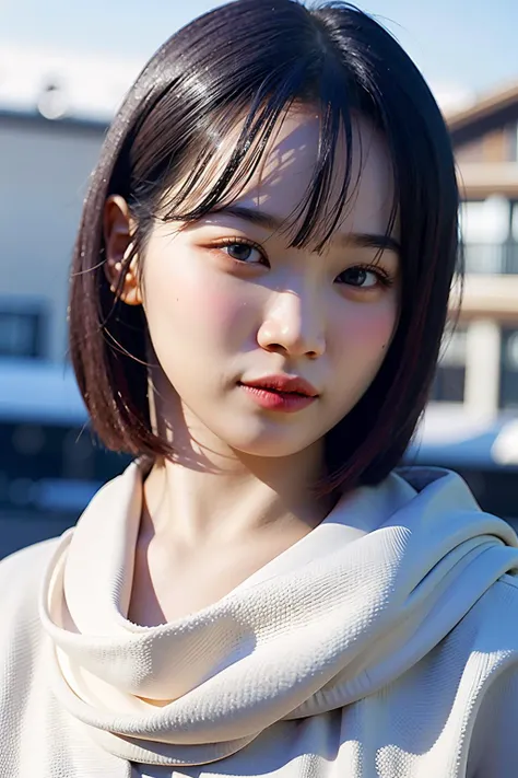 Best quality, masterpiece, ultra high res, (photorealistic:1.4), raw photo, 1girl, long hair, outdoor, closeup, looking at viewer, winter,short bob haircut