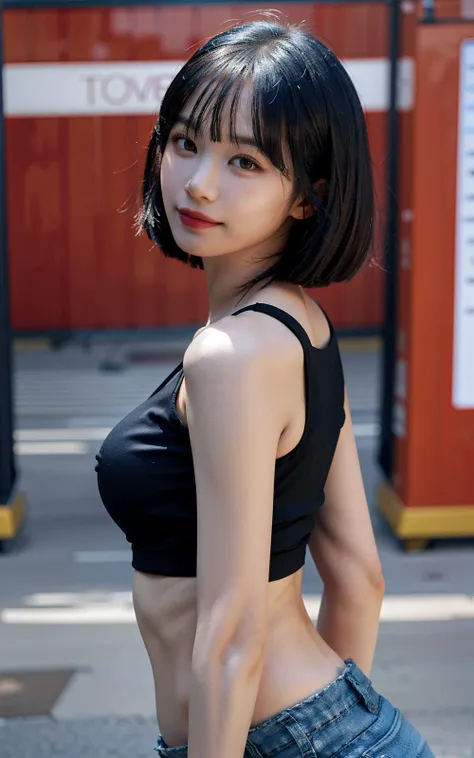 Best quality, masterpiece, ultra high res, raw photo, beautiful and aesthetic,deep shadow, dark theme,(photorealistic:1.4),
1girl, black shorts, black crop tshirt, bob haircut,