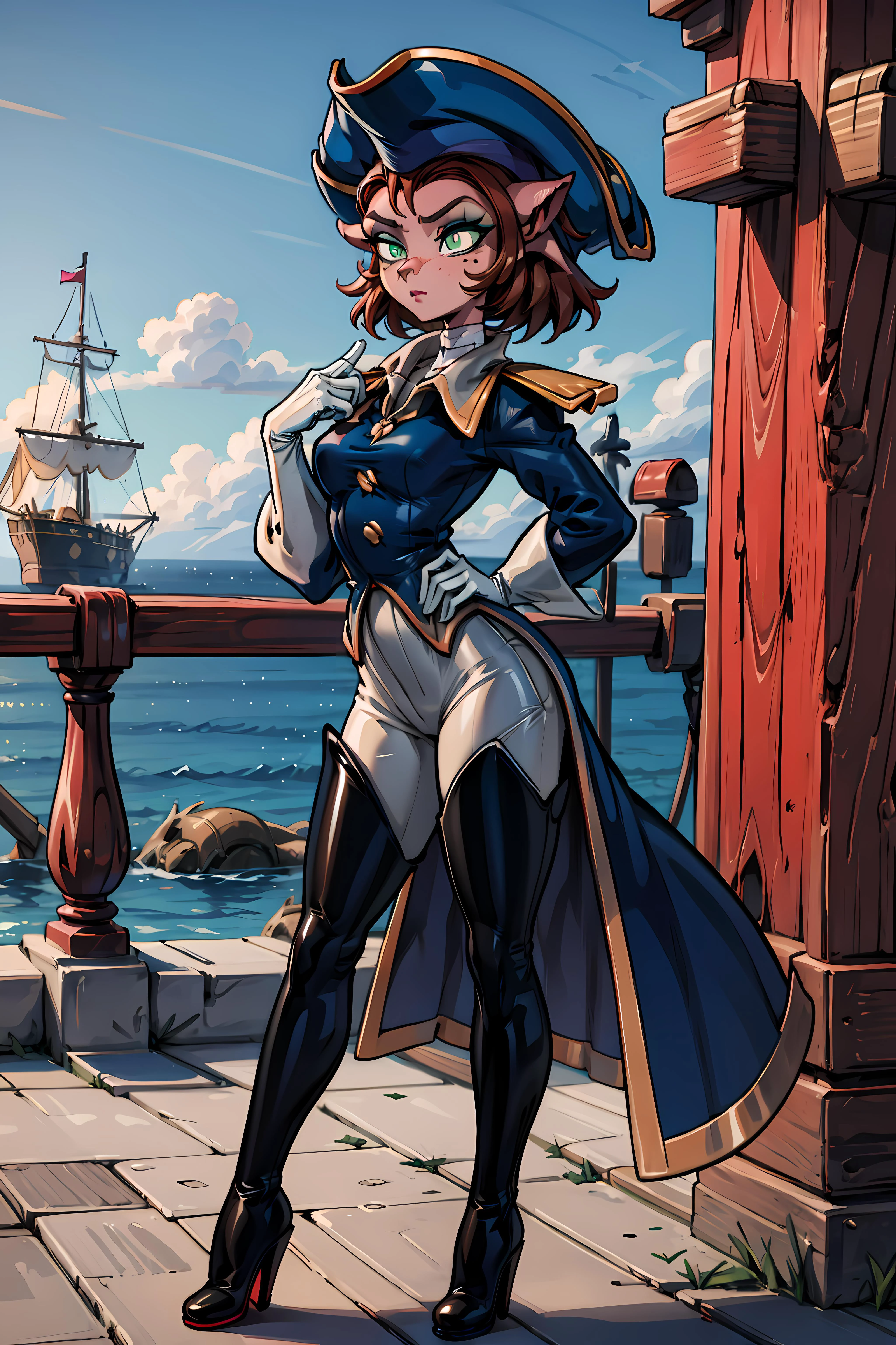 <lora:captainamelia-v1-novelai:1> captainamelia, cat girl, green eyes, slit pupils, eyeshadow, brown hair, short hair, brown nose, animal nose, cat ears, mole, beauty mark, mole above mouth, hat, white turtleneck, blue coat, tailcoat, white gloves, pants, black boots, thigh boots, high heeled boots