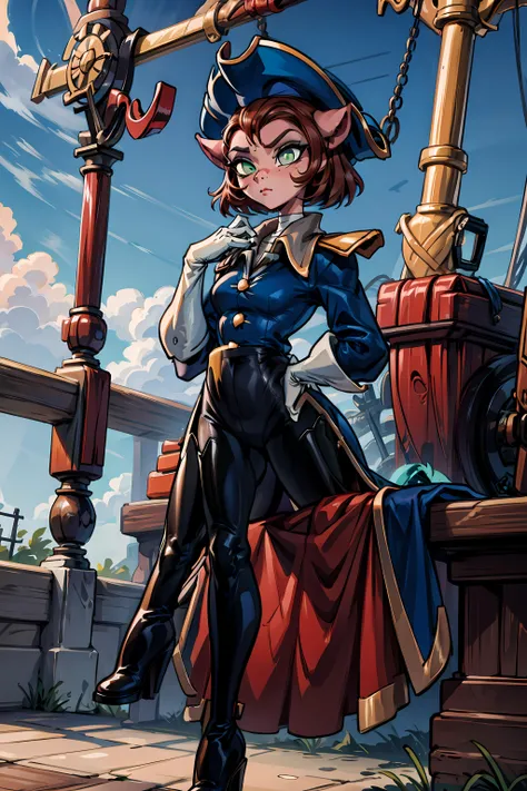 <lora:captainamelia-v1-novelai:1> captainamelia, cat girl, green eyes, slit pupils, eyeshadow, brown hair, short hair, brown nose, animal nose, cat ears, mole, beauty mark, mole above mouth, hat, white turtleneck, blue coat, tailcoat, white gloves, pants, black boots, thigh boots, high heeled boots