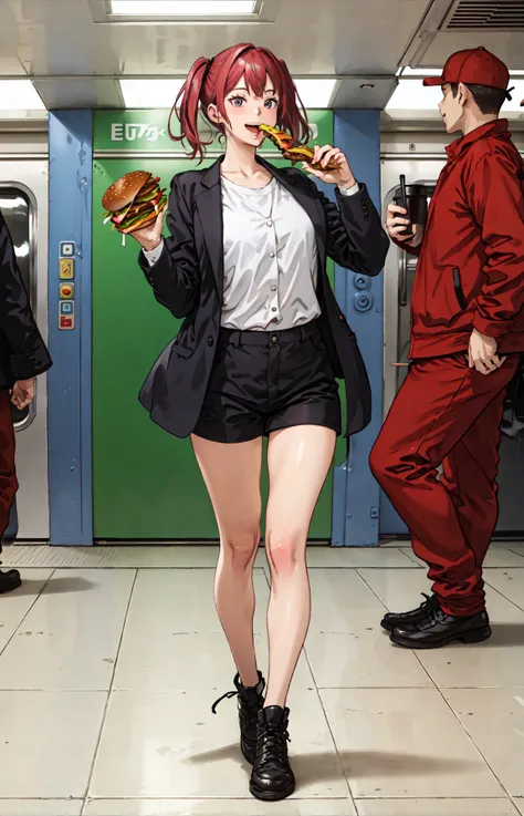 best quality, detailed background, girl,eating_burger,subway station, spring, happy,solo