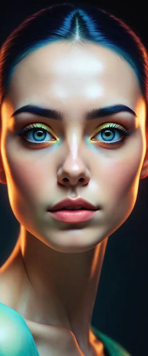 visage shape, serene backdrop, minimalist eyebrows, serene surroundings, sculpted muscles, light interactions, ethereal style, minimalist brows, colour harmony, short hairs, nostalgia in art, creating mesmerizing play of lights on multidimensional surfaces, entwining his unique ethereal style with vibrant colors and mystical undertones, focal point of visual narrative is angular visage, ethereal artist bergland, mysterious atmosphere