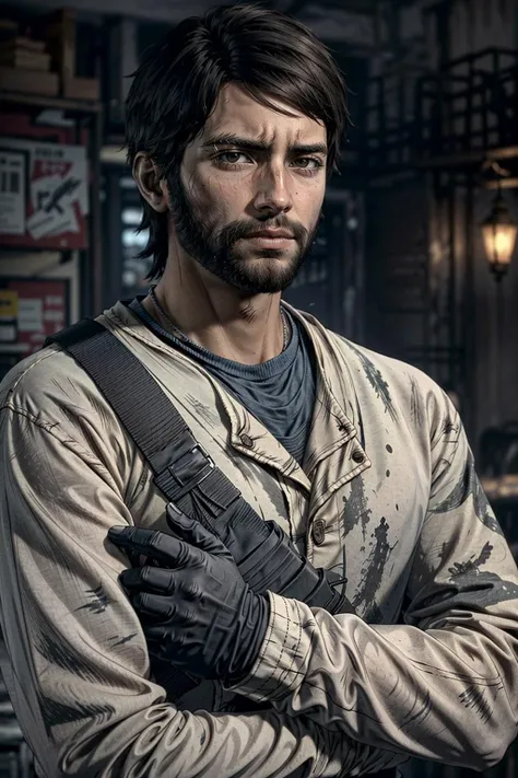 (masterpiece, best quality)
1boy, JavierTWD, male focus, solo, facial hair, black hair, blurry background, realistic, beard, blurry, layered sleeves, gloves, short over long sleeves, upper body, shirt, closed mouth, long sleeves, black eyes
<lora:epi_noiseoffset2:1>,  <lora:add_detail:0.5>,  <lora:JavierTWD:0.7>