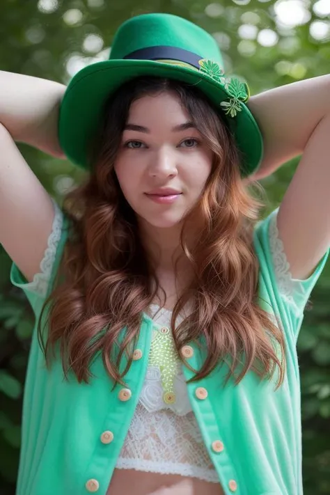 DEN_ohime_SG,
posing in an (enchanted forest:1.2) dressed as a (leprechaun:1.2), (shamrocks, clovers:1.2), , lucky charms, leprechaun, green clothing, green jacket and green shorts and a green hat, (magical:1.2), (enchanting:1.2),
bokeh, f1.4, 40mm, photorealistic, raw, 8k, textured skin, skin pores, intricate details <lora:epi_noiseoffset2:1>, epiCRealism <lora:ClothingAdjuster3:-0.8>