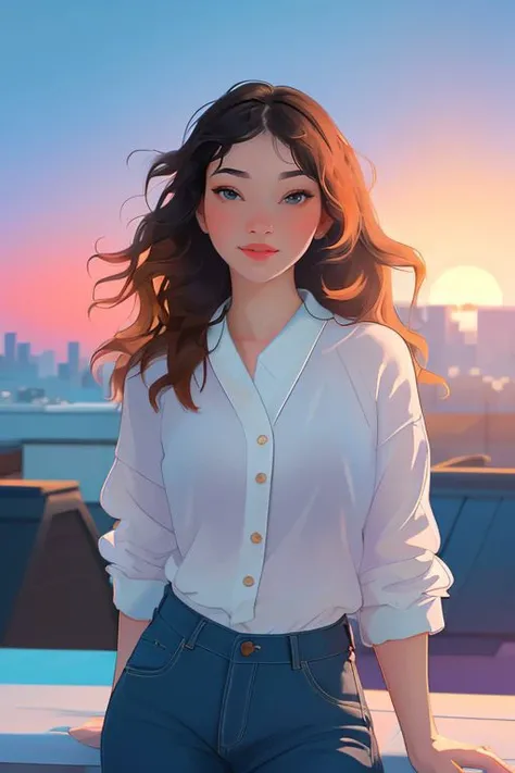 DEN_ohime_SG,
(cityscape:1.2) scene posing on the (rooftops:1.2) at (sunset:1.2) wearing clothes, wearing trousers and a top, (plain top:1.2), (top:1.2), (trousers:1.2), (cityscape:1.2), (night time sunset sky:1.3), (dark:1.1), (evening:1.2), vibrant sky colours,
bokeh, f1.4, 40mm, photorealistic, raw, 8k, textured skin, skin pores, intricate details <lora:epi_noiseoffset2:1>, epiCRealism <lora:ClothingAdjuster3:-0.8>