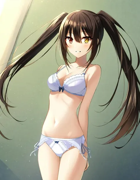 tokisaki kurumi, absurdres, 1girl, black hair, bra, breasts, cleavage, clock eyes, collarbone, cowboy shot, dutch angle, floating hair, groin, hair between eyes, heterochromia, long hair, looking at viewer, medium breasts, navel, panties, red eyes, smile, solo, standing, symbol-shaped pupils, twintails, underwear, very long hair, white bra, white panties, yellow eyes <lora:Char - Tokisaki_Kurumi - Own:1>