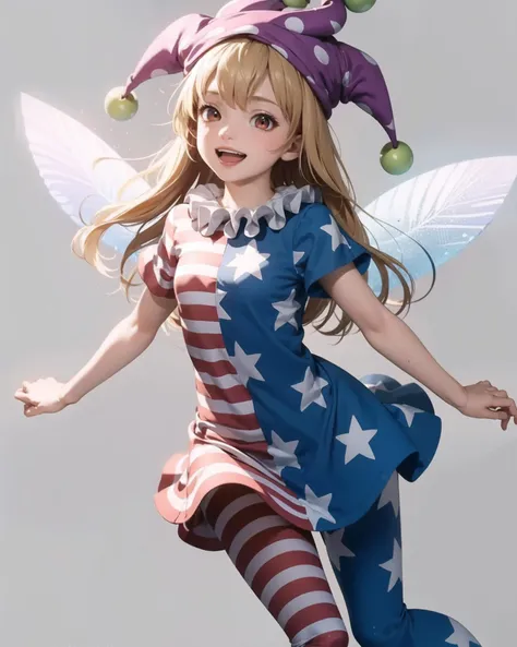 masterpiece, best quality, <lora:Clownpiece:1>,1girl,jester cap. polka dot,long hair,blonde hair, red eyes,neck ruff, striped dress,star (symbol),star print,short sleeves, pantyhose, american flag dress,short dress, fairy wings,grey background, open mouth, smile,