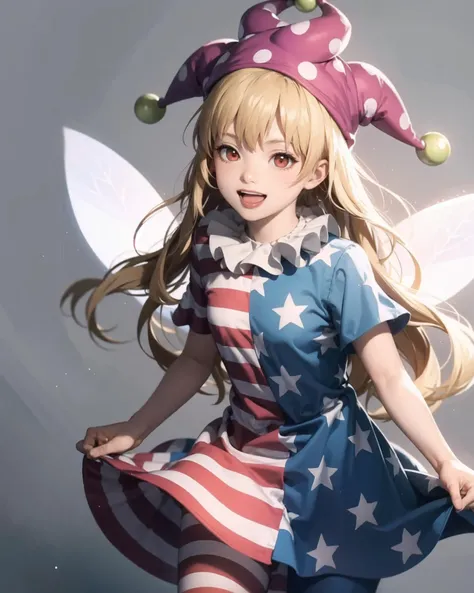 masterpiece, best quality, <lora:Clownpiece:1>,1girl,jester cap. polka dot,long hair,blonde hair, red eyes,neck ruff, striped dress,star (symbol),star print,short sleeves, pantyhose, american flag dress,short dress, fairy wings,grey background, open mouth, smile,