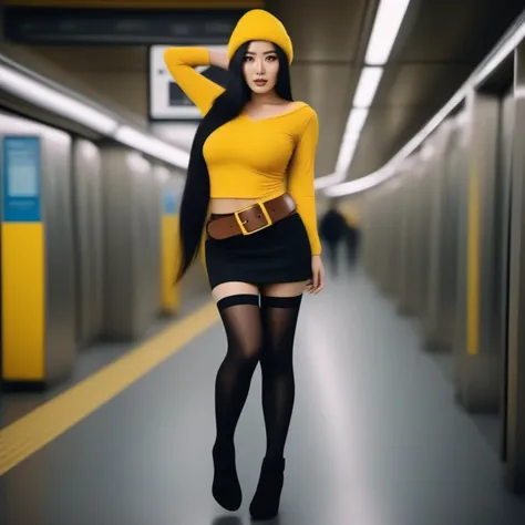 cinematic photo asian woman with long black hair, ((large breast)), ((brown bobble hat)), wearing a yellow shirt with text ''DOG'', brown belt, (((black hightighs))), black miniskirt, white fur collar, in the subway <lora:KurohaMitsu1024:0.8> . 35mm photograph, film, bokeh, professional, 4k, highly detailed