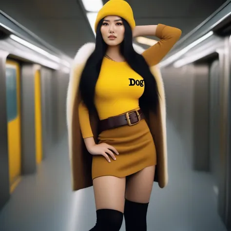 cinematic photo asian woman with long black hair, ((large breast)), ((brown bobble hat)), wearing a yellow shirt with text ''DOG'', brown belt, (((black hightighs))), black miniskirt, white fur collar, in the subway <lora:KurohaMitsu1024:0.8> . 35mm photograph, film, bokeh, professional, 4k, highly detailed