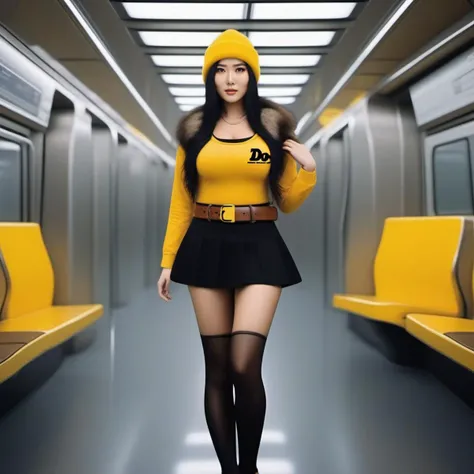 cinematic photo full body asian woman with long black hair, ((large breast)), ((brown bobble hat)) wearing a yellow shirt with text ''DOG'', brown belt, (((black hightighs))), black miniskirt, white fur collar, in the metro <lora:KurohaMitsu1024:0.8>