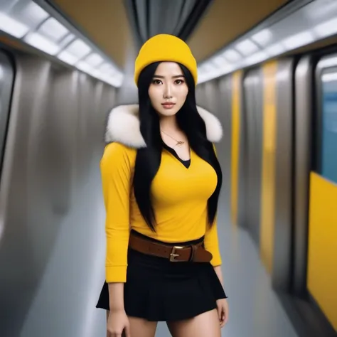 cinematic photo full body asian woman with long black hair, ((large breast)), ((brown bobble hat)) wearing a yellow shirt with text ''DOG'', brown belt, (((black hightighs))), black miniskirt, white fur collar, in the metro <lora:KurohaMitsu1024:0.8>