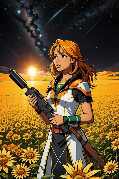 1girl, landscape of a Soothing (Zambia:1.1) , flowers and Stellar evolution in background, Hazy conditions, Sun Rays, Offset print, rpg concept art, dslr