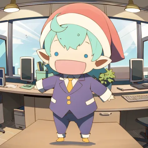 youseisan, standing on a desk in an office, <lora:youseisan:0.8>