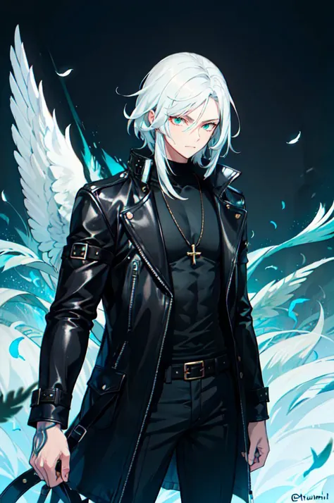 <lora:Bropmlk-style-v2-final:0.75> valhalla, field, falling feathers,, ultra detailed, masterpiece, best quality, aesthetic, detailed,, solo, 1boy, teal eyes, <lora:Tsurime3:1>, (tsurime:1.2), parted bangs, white hair, medium hair, straight hair, shoulder-length hair, male focus,, coat, shirt, pants, studded belt, multiple belts, combat boots, torn clothes, necklace, black coat, black and green theme,