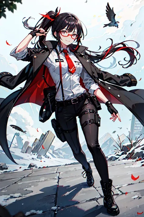 <lora:Bropmlk-style-v2-final:0.75> valhalla, field, falling feathers,, ultra detailed, masterpiece, best quality, aesthetic, detailed,, solo, smug smile, 1girl, purple eyes, red-framed eyewear, (black hair, red colored tips:1.2), red streaked hair, very long hair, side ponytail, tied hair, medium breasts,, <lora:StS-Coat-and-Jacket-On-Shoulders-Iteration2:0.7> dataset, jacket on shoulders, coat on shoulders, red dress, sleeves rolled up, fingerless gloves, holster, belt, multiple belts, combat boots, bulletproof vest, pants, black coat, tactical clothes,