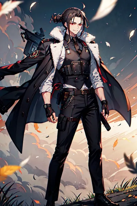 <lora:Bropmlk-style-v2-final:0.75> valhalla, field, falling feathers,, ultra detailed, masterpiece, best quality, aesthetic, detailed,, solo, smug smile, 1boy, red eyes, <lora:Tsurime3:0.7>, (tsurime:1.2), black hair, undercut, top knot, parted bangs, long bangs, bangs, short hair, hair intakes, tall,, <lora:StS-Coat-and-Jacket-On-Shoulders-Iteration2:0.7> dataset, jacket on shoulders, (coat on shoulders:1.3), black coat, dress shirt, sleeves rolled up, fingerless gloves, holster, pants, belt, multiple belts, combat boots, bulletproof vest, tactical clothes,