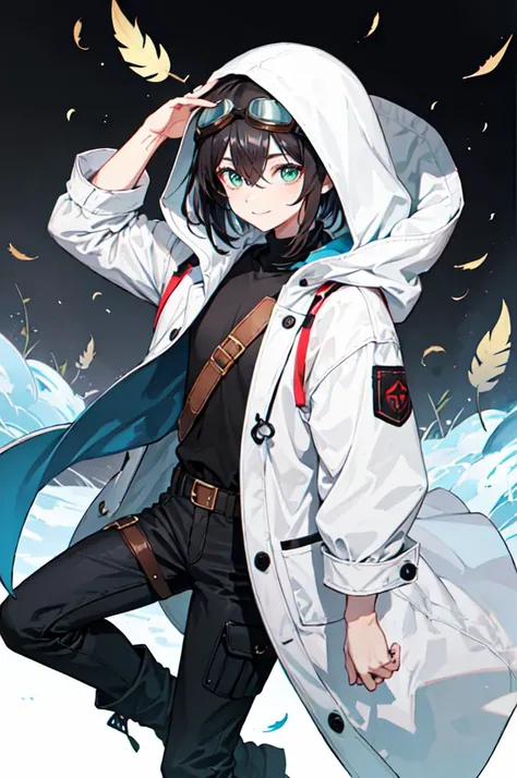 <lora:Bropmlk-style-v2-final:0.75> valhalla, field, falling feathers,, ultra detailed, masterpiece, best quality, aesthetic, detailed,, ultra detailed, masterpiece, best quality, solo, smile, 1boy, green eyes, short hair, black hair, bangs, hair between eyes, messy hair, (goggles on head:1.2),, headband, white coat, hooded coat, hood down, open coat, turtleneck, capri pants, pants, black knee boots,