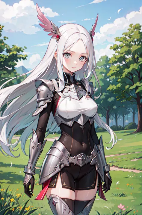 masterpiece, best quality, 1girl, sitting, forest, white hair, long hair, grey eyes, (knight armor:1.1), skirt, thigh highs,