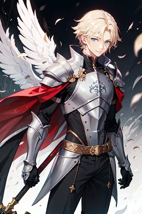 <lora:Bropmlk-style-v2-final:0.75> valhalla, field, falling feathers,, ultra detailed, masterpiece, best quality, aesthetic, detailed,, solo, smile, 1boy, blue eyes, medium blonde hair, parted bangs, hair intakes, male focus, muscular male,, armor, pauldrons, cuirass, gauntlets, waist cape, greaves, black bodysuit, surcoat, shoulder sash, wing shoulder armor, cape, pants,
