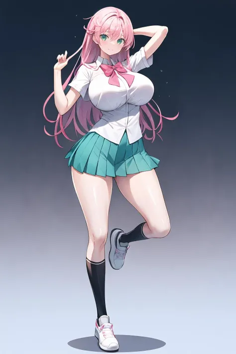 masterpiece, best quality, 1girl, solo, long hair, breasts, looking at viewer, blush, smile, bangs, skirt, large breasts, simple background, shirt, white background, bow, closed mouth, school uniform, green eyes, standing, full body, white shirt, pink hair, short sleeves, pleated skirt, shoes, socks, collared shirt, miniskirt, bowtie, huge breasts, arm up, gradient, kneehighs, gradient background, white footwear, standing on one leg, green skirt, black socks, purple bow, shirt tucked in, uwabaki, purple bowtie, tented shirt <lora:Bropmlk-style-v2_200414:1.0>