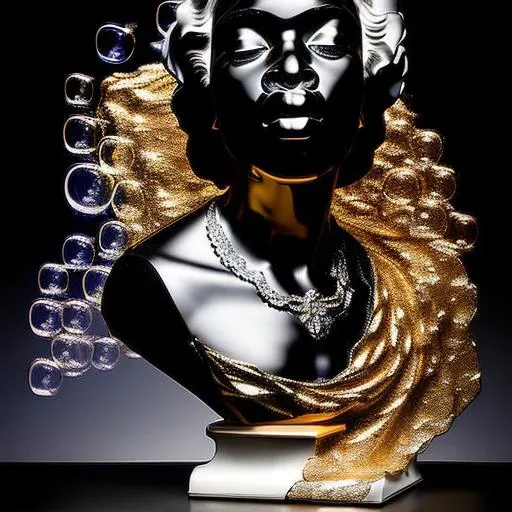 Bust of black woman in black_marble, black_marble_sculpture, (thin_lips:1.4), (flower petals:1.2), water flow hyperfluid,  gold powder, gold earrings, gold lips, (bubbles floating:1.2), looking at the camera, beautiful and aesthetic, close up, pretty, dramatic pose, intricate, highly detailed, detailed face, smooth, sharp focus, specular light, occlusion shadow, rim light