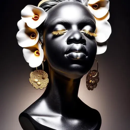 Bust of black woman in black_marble, black_marble_sculpture, (thin_lips:1.4), (flower petals:1.2), water flow hyperfluid,  gold powder, gold earrings, gold lips, (bubbles floating:1.2), looking at the camera, beautiful and aesthetic, close up, pretty, dramatic pose, intricate, highly detailed, detailed face, smooth, sharp focus, specular light, occlusion shadow, rim light