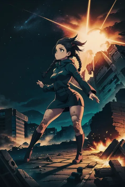 girl, (apocalypse,explosion,night,fog,dark,grim,ruins,post-apocalyptic:1.2),(monster:1.3), Retro,Night Sky Background,Hourglass Body,Very Tiny Breasts,Twerking,Very Long Hair,Tribal Braids,teal Parka,orange Bodycon skirt,Naruto,Boots ,(masterpiece,detailed,highres:1.4) <lora:deep:0.7>