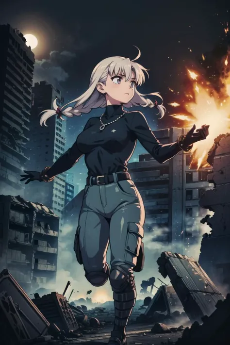 girl, (apocalypse,explosion,night,fog,dark,grim,ruins,post-apocalyptic:1.2),(card:1.3), New,Pub Background,Fat,Breasts Apart,Jumping,Long Hair,Tribal Braids,platinum Blouse,lilac Cargo Pants,fate/stay night,Bead Necklace ,(masterpiece,detailed,highres:1.4) <lora:deep:0.7>