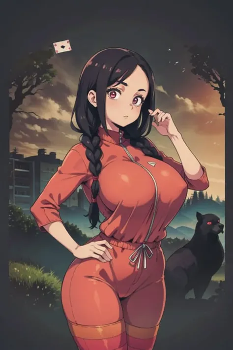 girl,(card:1.3), Dark,Idol Concert Background,Toned Body,Huge Breasts,Head Tilt,Long Hair,Fishtail Braids,pink Kaftan,puce Tracksuit Pants,Naruto,Striped Thighhighs ,(masterpiece,detailed,highres:1.4) <lora:deep:1.0>