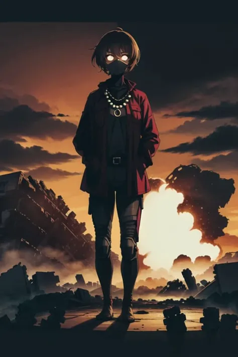 girl, (apocalypse,explosion,night,fog,dark,grim,ruins,post-apocalyptic:1.2),(drawing:1.3), Dark,Plain Background,Venus Body,Voluptuous,Standing with hands in pockets,Short Hair,Fringe,jade Bardot Top,burgundy Stirrup Pants,jojo no kimyou na bouken,Bead Necklace ,(masterpiece,detailed,highres:1.4) <lora:deep:0.7>