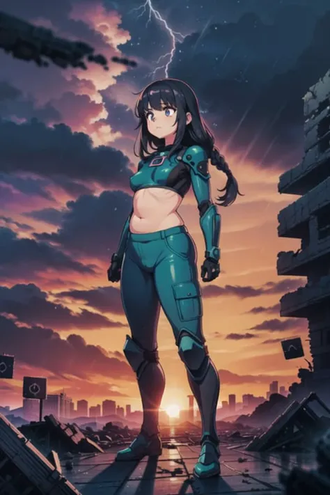 girl, (apocalypse,explosion,dawn,ruins,post-apocalyptic),(tarot:1.3), Rainstorm,Scifi Background,Plump,Small Breasts,Fetal Position,Long Hair,Dreadlocks,turquoise Ruffled Top,lavender Cargo Pants,fate/grand order,Cyber Armor ,(masterpiece,detailed,highres:1.4) <lora:deep:0.7>