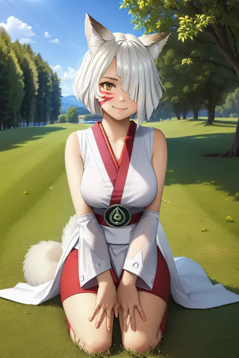 (masterpiece, best quality:1.2), <lyco:brawlhalla_yumiko-09:1.0>, solo, 1girl, bhyumiko, smile, closed mouth, looking at viewer, seiza, hair over one eye, japanese clothes, detached sleeves, fox tail, bare shoulders, grass