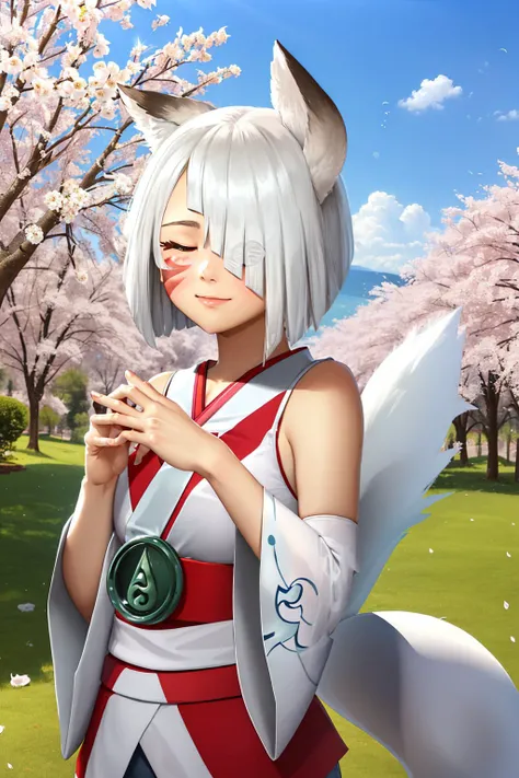 (masterpiece, best quality:1.2), <lyco:brawlhalla_yumiko-09:1.0>, cowboy shot, solo, 1girl, bhyumiko, closed mouth, own hands together, hair over one eye, closed eyes, japanese clothes, detached sleeves, fox tail, bare shoulders, cherry blossom trees