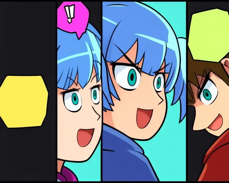 perceptive_brats, <lora:perceptive_brats:0.7> 3boys, :d, angry, bangs, speech bubble, comic, male focus
