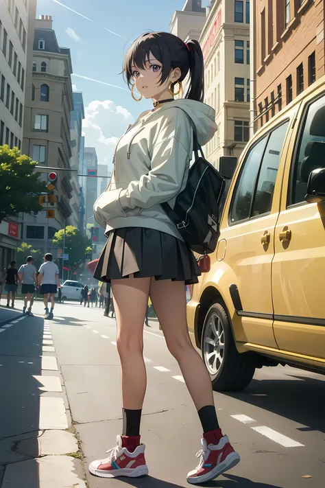 masterpiece, best quality, Ray tracing, hdr, 1girl, futanari, solo, golden hoop earrings, choker, High-top Sneakers, Sporty Striped Socks, Skater Skirt, Cropped Hoodie, <lora:KTF_01:-0.9>, mature