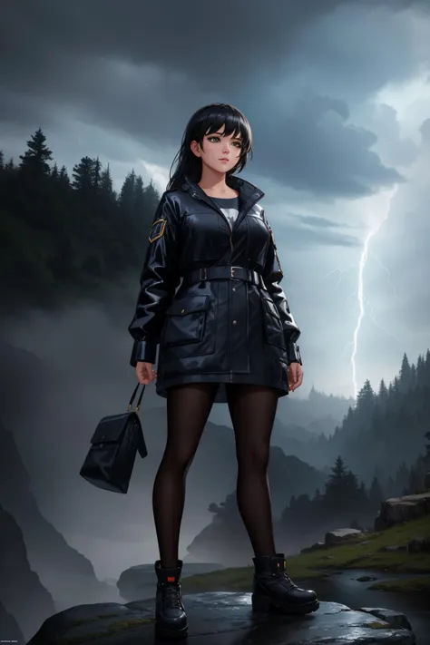 1girl, a close up portrait of an Cozy Chimpanzee, standing on a rock in a storm, lightning, dramatic clouds, digital matte painting, fantasy art, moody, dark, brooding, forests, trending on artstation, cgsociety, unreal engine