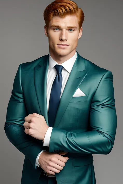 young man wearing formal suit, [scott eastwood: adelaideKane: 0.6], ginger hair, athletic body, symmetrical green eyes,
mid-twenty, high detailed skin, 
upper body, HD, solid background, realistic, proportionate body, RAW Photo, 
<lora:breastsizeslideroffset:-0.4>