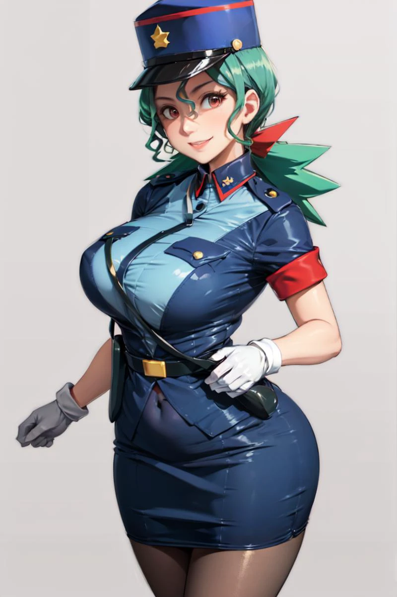 (masterpiece, best quality:1.2) officer jenny, pokemon, 1girl, solo, long hair, breasts, smile, red eyes, green hair, huge breasts, green hair, white gloves, police hat, miniskirt, bag, star (symbol), uniform, blue skirt, blue shirt, pencil skirt, brown pantyhose, police uniform, simple background <lora:OFFICERJ-15:0.7>