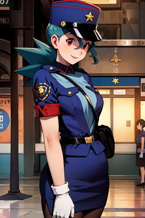 masterpiece, best quality, ultra-detailed, officer jenny, pokemon, 1girl, solo, long hair, smile, red eyes, green hair, white gloves, police hat, miniskirt, bag, star (symbol), uniform, blue skirt, blue shirt, pencil skirt, brown pantyhose, police uniform, realistic, city background <lora:OFFICERJ-15:0.8>, volumetric lighting, intricate details, tonemapping, sharp focus, hyper detailed