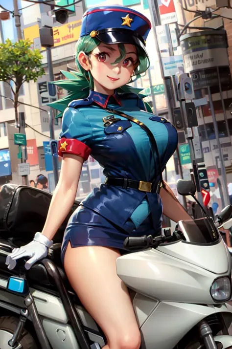 (masterpiece, best quality:1.2) officer jenny, pokemon, 1girl, solo, long hair, breasts, looking at viewer, smile, red eyes, green hair, huge breasts, green hair, white gloves, police hat, miniskirt, bag, star (symbol), uniform, blue skirt, blue shirt, pencil skirt, brown pantyhose, (motor vehicle, ground, vehicle, riding,:1.2) police uniform, simple background <lora:OFFICERJ-15:0.8>