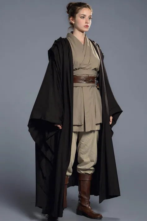 full_body, grey_background, japanese_clothes, long_sleeves, robe, sash, sleeves_past_wrists, solo, standing, 1girl, solo, simple_background, brown_hair, long_sleeves, closed_mouth, standing, full_body, boots, japanese_clothes, grey_background, hair_bun, coat, sash, brown_footwear, single_hair_bun, realistic, jedi outfit, outfit <lora:jedi:1>