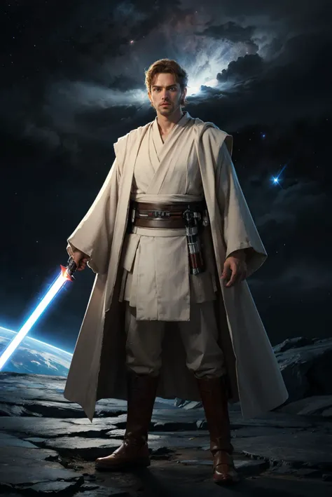 man, wearing white jedi robes, looking at viewer, serious, action pose, holding lightsaber, blue beam
outside, alien planet, natural lighting, stars and space, hdr, wonderous ambiance, natural lightning, extremely detailed, <lora:jedi:.6>