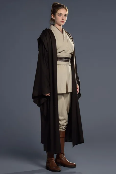 full_body, grey_background, japanese_clothes, long_sleeves, robe, sash, sleeves_past_wrists, solo, standing, 1girl, solo, simple_background, brown_hair, long_sleeves, closed_mouth, standing, full_body, boots, japanese_clothes, grey_background, hair_bun, coat, sash, brown_footwear, single_hair_bun, realistic, jedi outfit, outfit <lora:jedi:1>