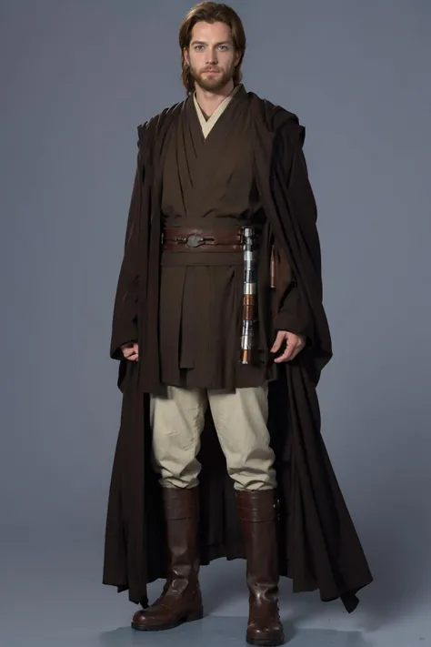 1boy, boots, cape, coat, facial_hair, haori, japanese_clothes, male_focus, solo, standing, solo, looking_at_viewer, blue_eyes, brown_hair, 1boy, closed_mouth, standing, full_body, weapon, male_focus, boots, coat, facial_hair, beard, realistic, animification, jedi outfit, outfit<lora:jedi:1>