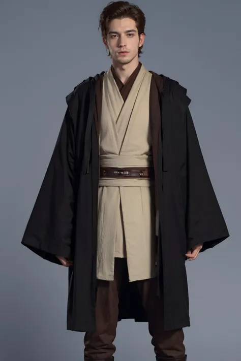 solo, 1boy, long_sleeves, standing, jacket, coat, jedi outfit, outfit<lora:jedi:0.9>