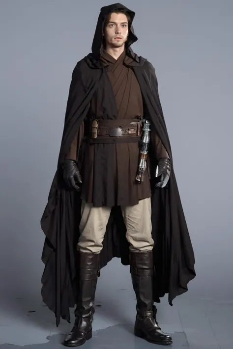 solo, standing, white_background, solo, simple_background, gloves, 1boy, white_background, standing, full_body, weapon, male_focus, boots, belt, sword, hood, cape, black_footwear,jedi outfit, outfit<lora:jedi:1>