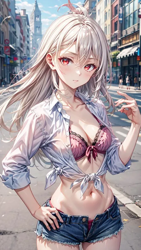 masterpiece,best quality,highres,illustration,hyper detailed,8k cg wallpaper,ray tracing,((white hair:1.2)),((red eyes:1.2)),((long hair:1.2)),((straight hair:1.3)),medium breasts,(hiten1:0.8),<lora:add_detail:1>,micro shorts,shorts,cleavage,<lora:micro_shorts_goofy:1>,outdoors,((midriff:1.2)),navel,((white shirt:1.2)),((open shirt:1.2)),((tied shirt:1.2)),collared shirt,bra peek,<lora:AnimeGal_v10:0.8>,cowboy shot,hand on hip,